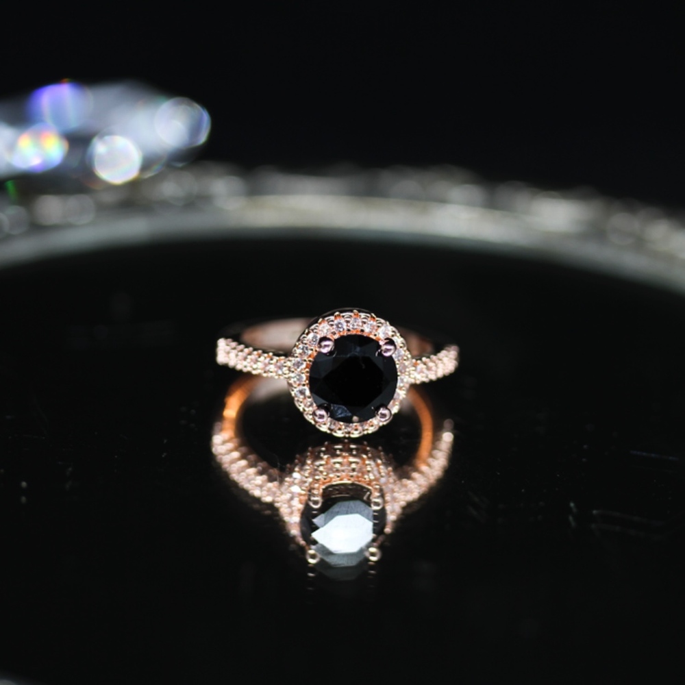 14k Rose Gold Dipped Black Topaz Halo Ring - image 1
